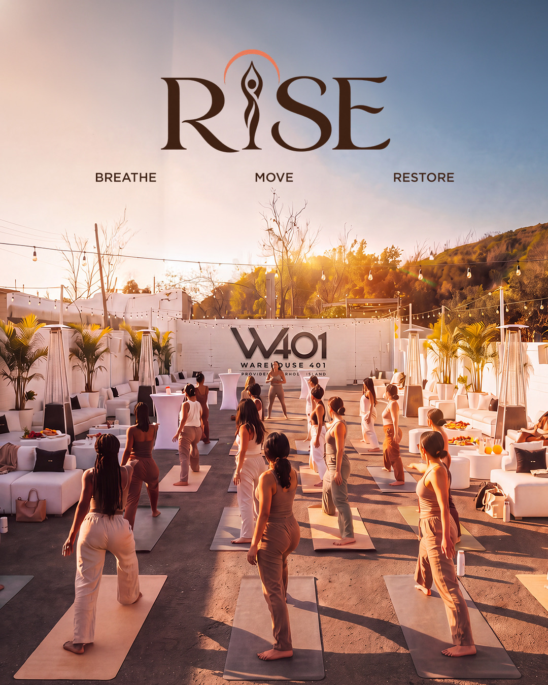 RISE poster: a morning movement class in the courtyard
