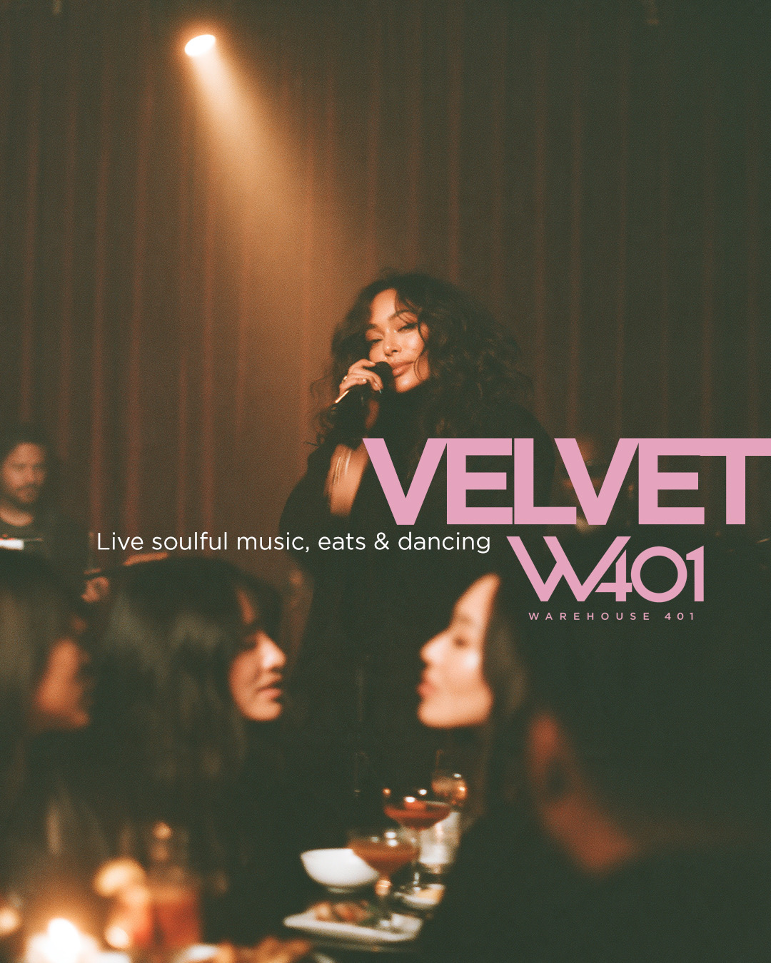 VELVET poster: a singer under a spotlight, a crowd at tables